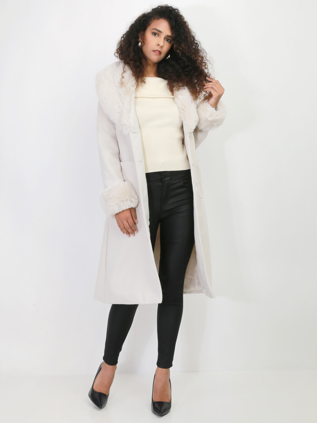 Manteau à col fourré- Beige