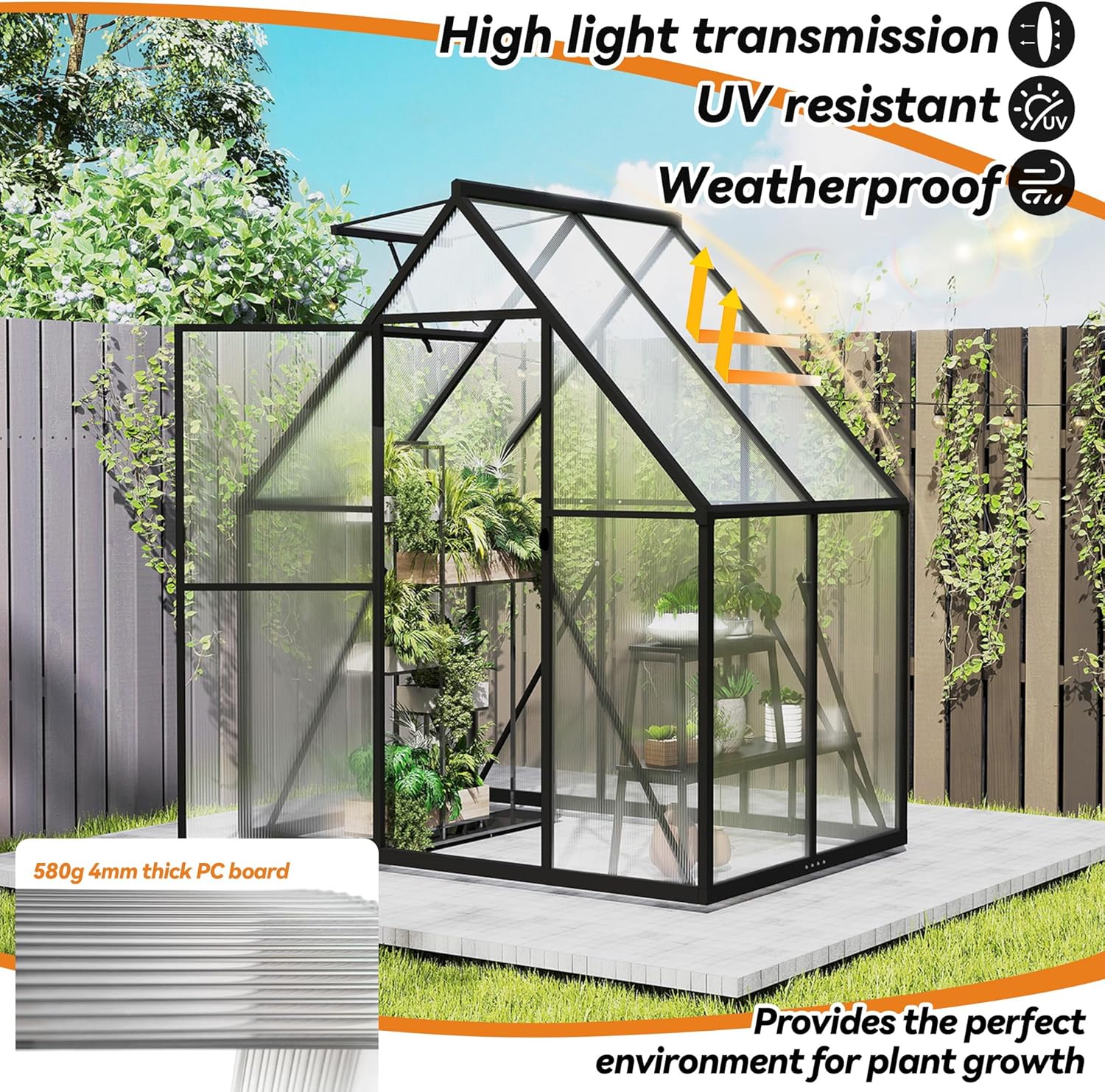 Aufun Premium Gewächshaus Aluminium, 2.25m² Gartengewächshäuser mit 6 cm Fundament und 4 mm PC Platte Treibhaus Tomatenhaus Gartenhaus UV beständig Wetterfest für den Garten, 125x180x195 cm