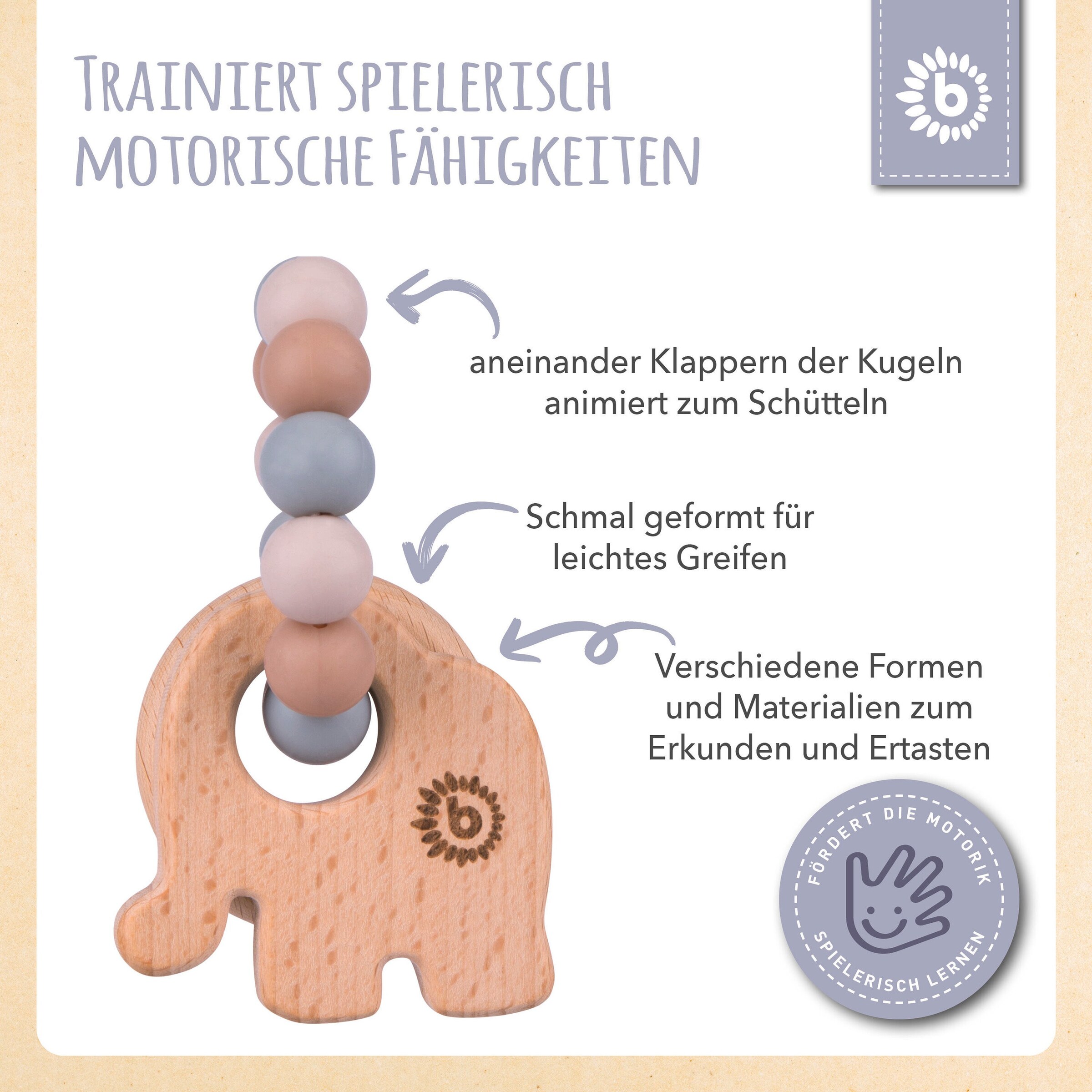 Bieco Greifling Holz Natur mit Silikon Elefant - ab Geburt Beige