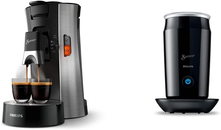 Philips Senseo Select CSA250/10 Kaffeepadmaschine - Kaffeestärkewahl Plus, Memo-Funktion, aus recyceltem Plastik, gebürsteter Stahl & CA6500/60 Senseo Milk Twister Milchaufschäumer, schwarz