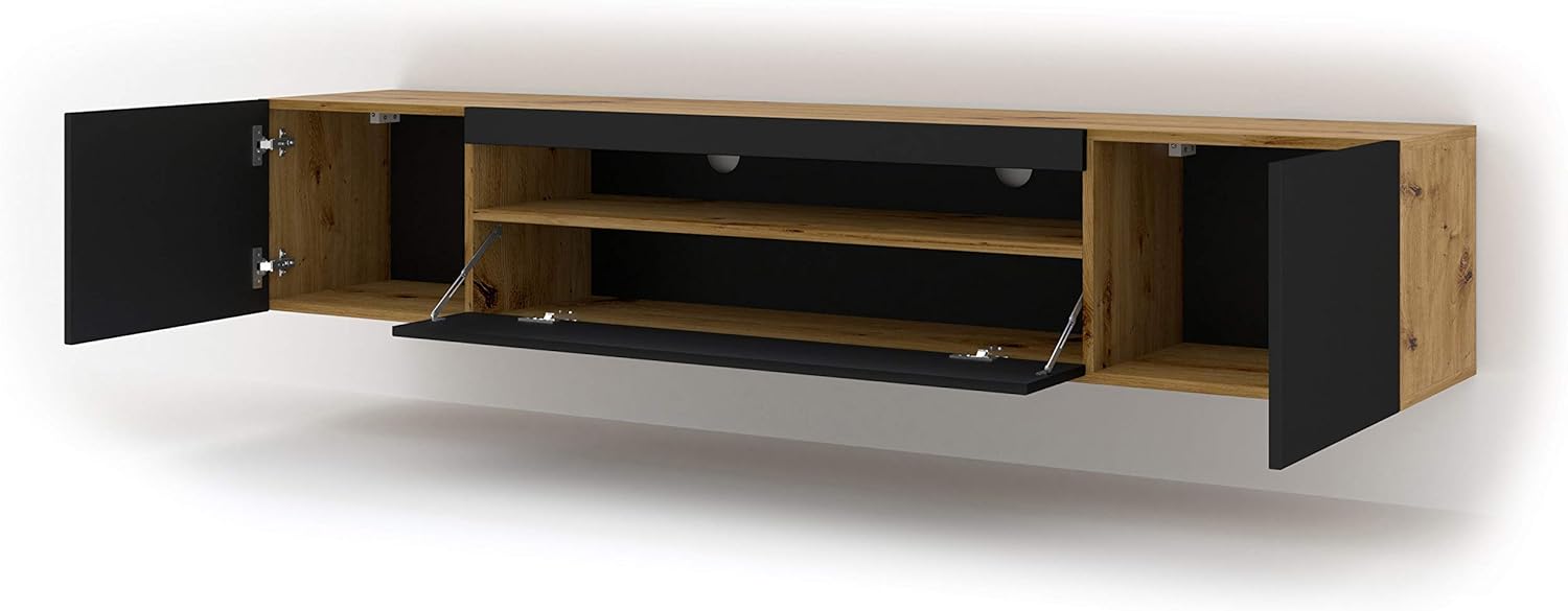 BIM Furniture Lowboard TV 200 cm - Universell Sideboard mit Laminierten Fronten, Hängend oder stehend - Fernsehschrank HiFi Schrank fürs Wohnzimmer Artisan Eiche und Schwarz Matt