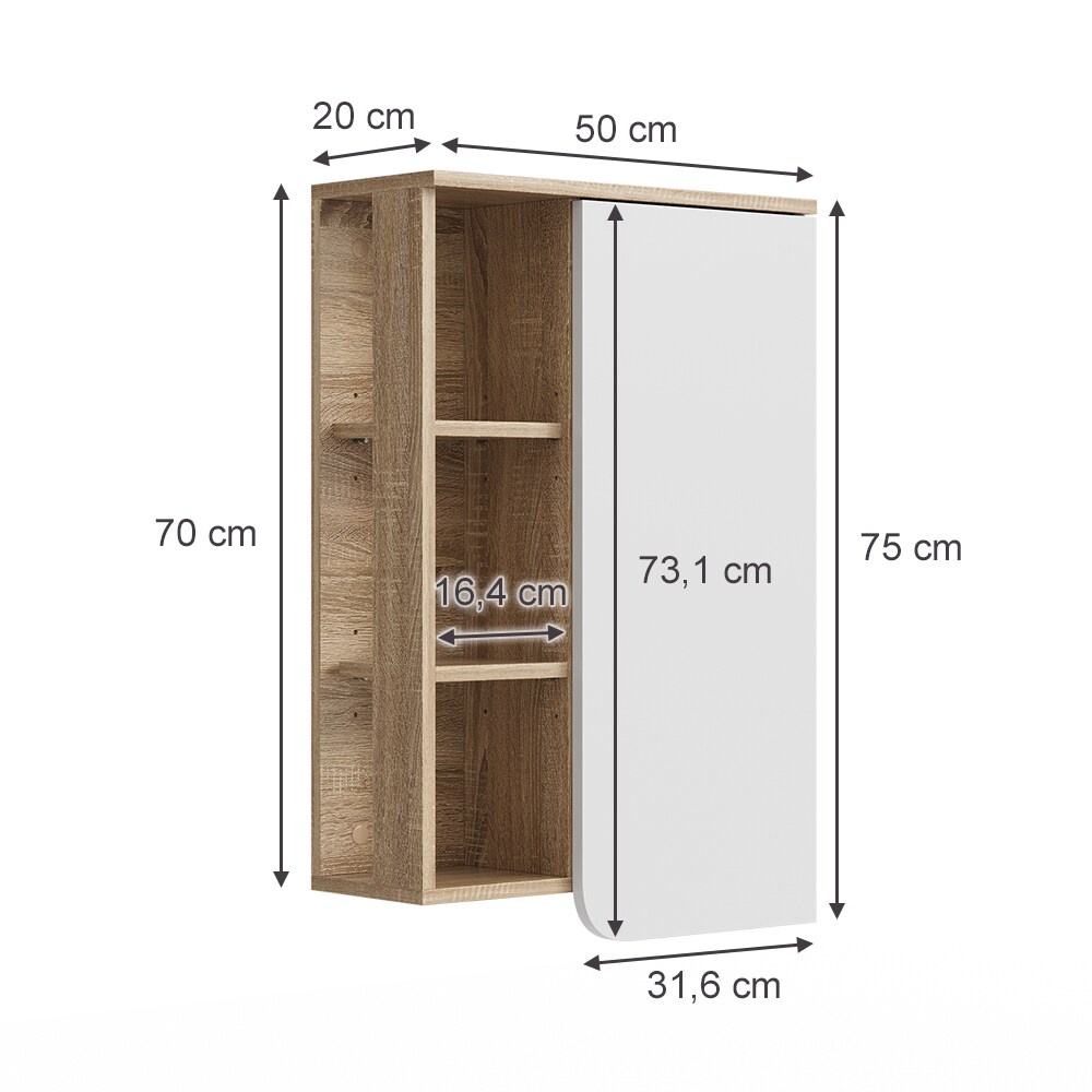 Vicco Hängeschrank Karen 50 x 75 cm, Sonoma Weiß, Badschrank, schmal, Badezimmer, modern