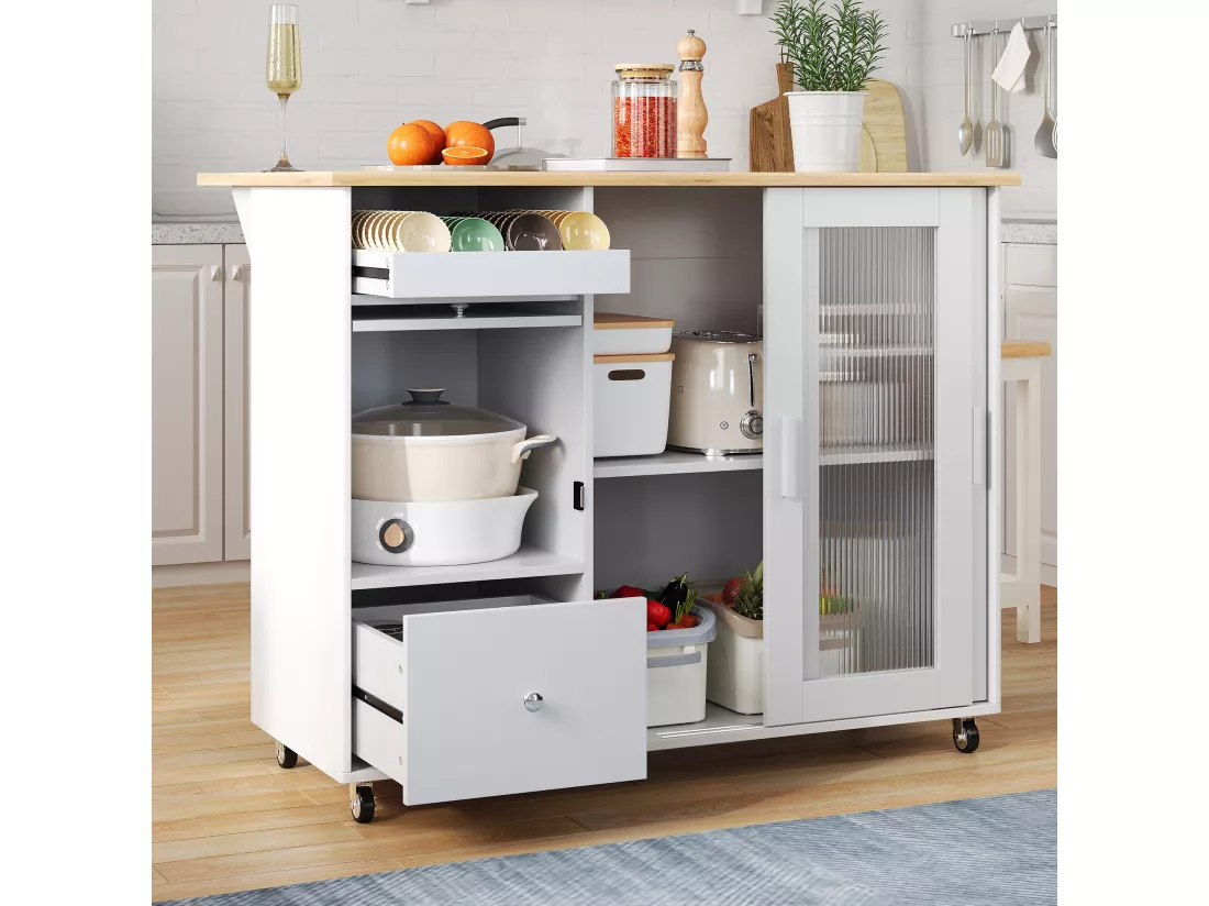 Ilot central de cuisine mobile avec 2 portes coulissantes, 1 tiroir et casier à vin - plateau extensible - 112x46/69x91 cm - MDF - Blanc