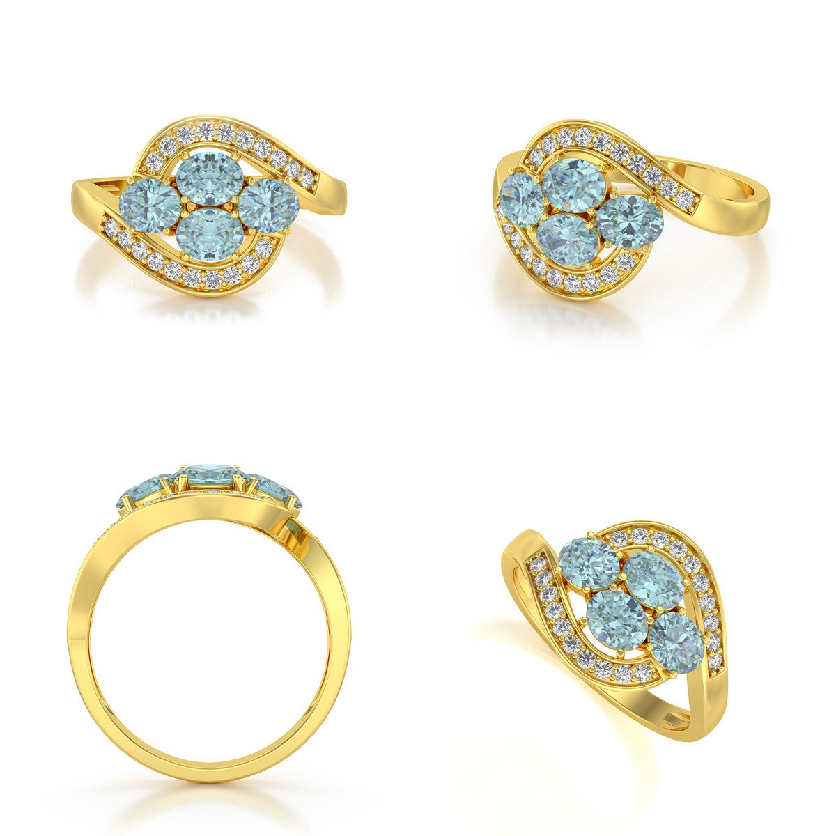 Bague ADEN Or 585 Jaune Aigue-Marine et diamants 2.91grs