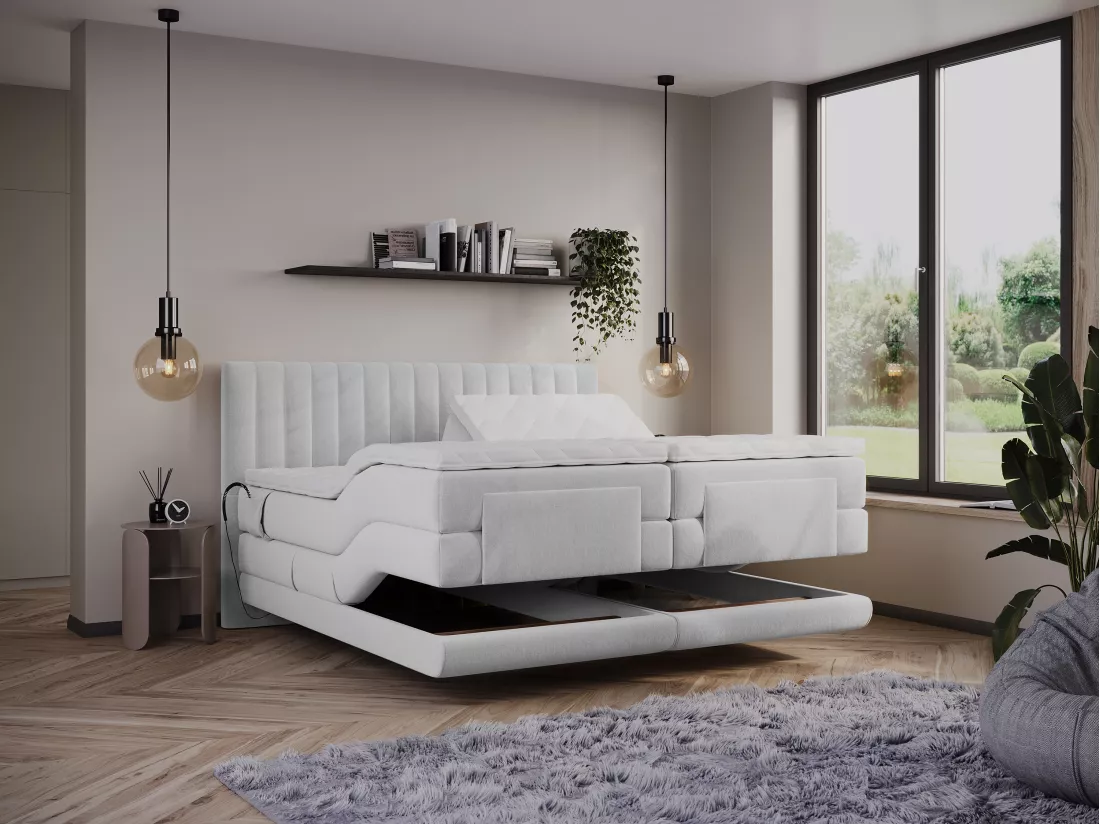 Ensemble complet boxspring tête de lit coutures verticales + sommiers relaxation électrique + matelas + surmatelas - 2 x 90 x 200 cm - Velours - Gris clair - DONISI de PALACIO