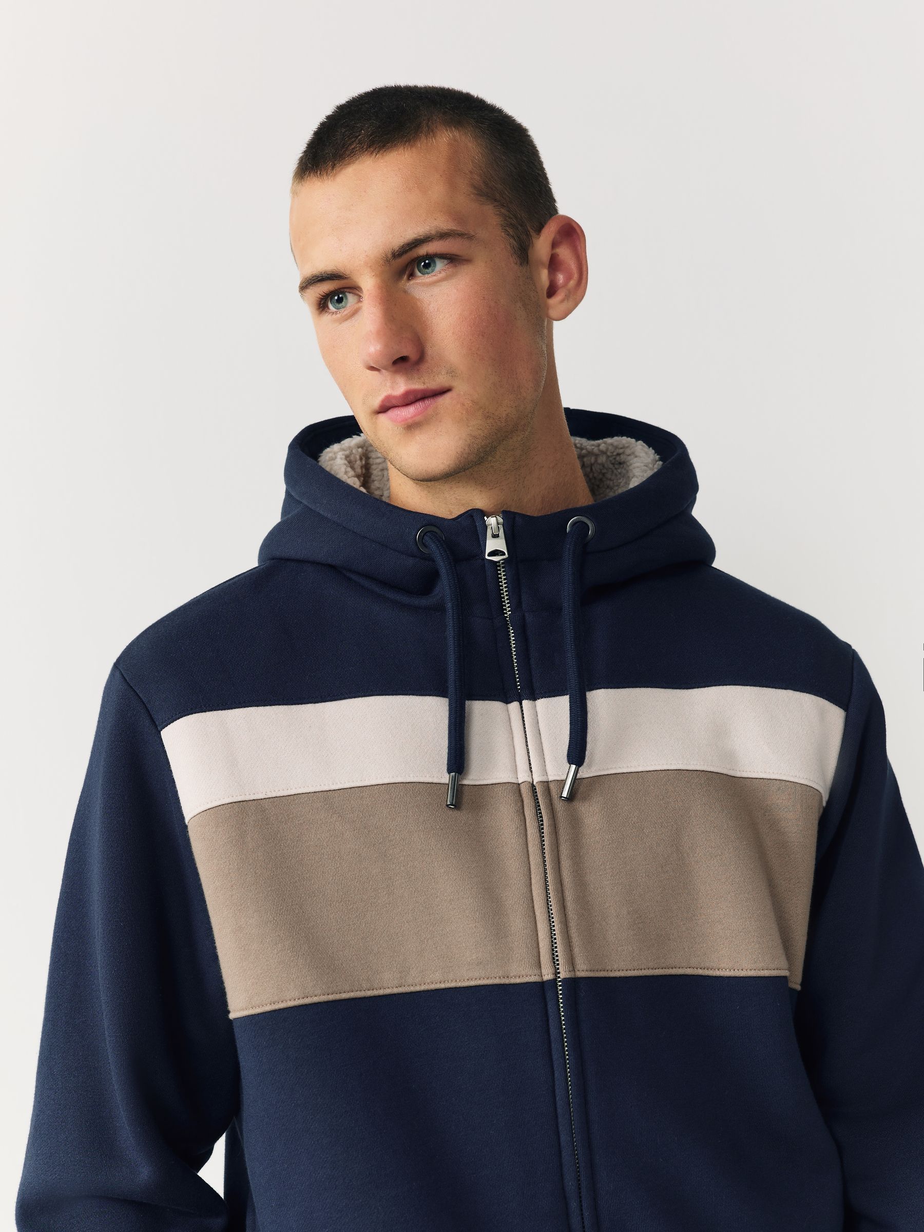 Blauw/ecru - Borg hoodie met fleecevoering en volledige ritssluiting