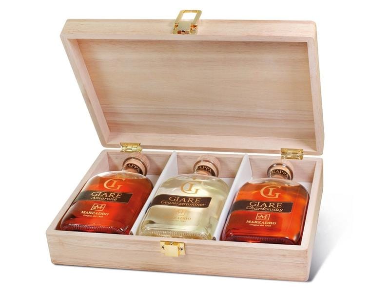 Marzadro Geschenkset Grappa Giare 3 x 20 cl Grappa Holzbox