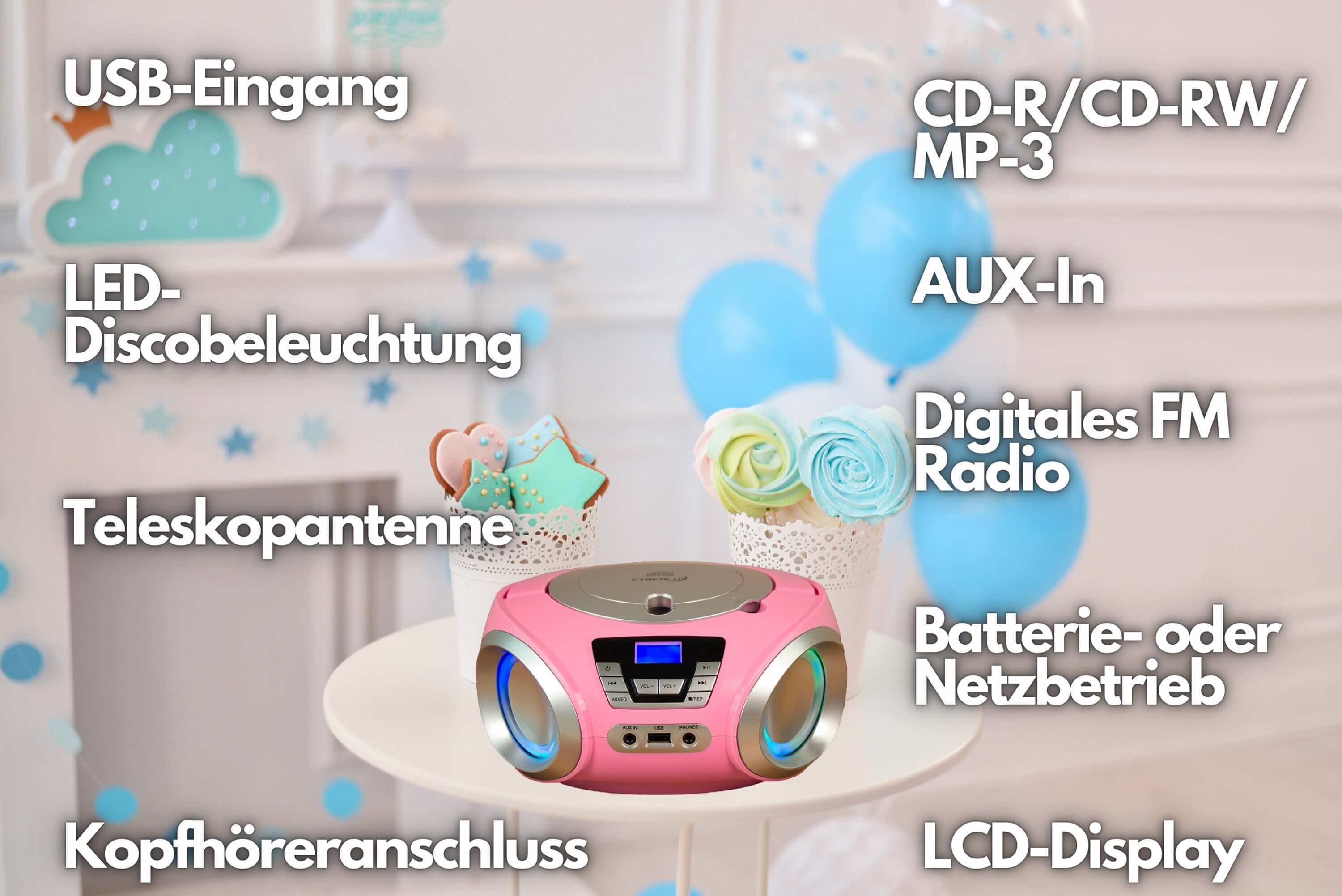 Cyberlux CD-Player mit LED-Beleuchtung CD/MP3 USB Kinder Radio pink