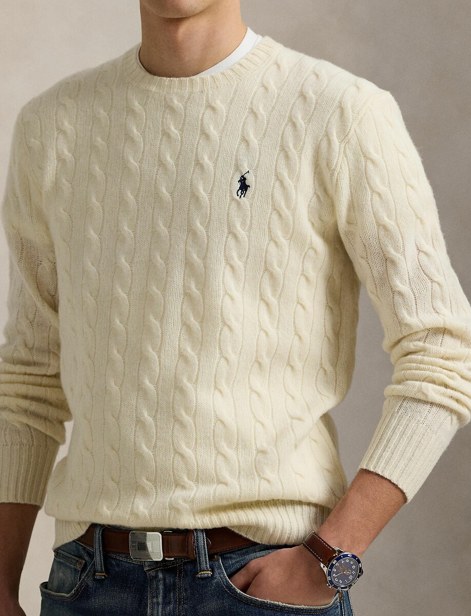POLO RALPH LAUREN<br>Suéter de gola redonda em lã e cashmere, com padrão de tranças