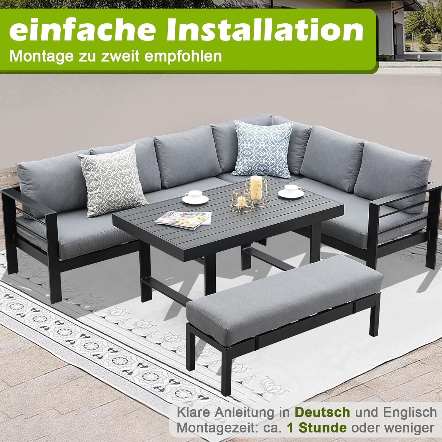 Atenza Aluminium Gartenlounge Set 6-8 Personen, Ecklounge Gartenmöbel-Set mit Ecksofa, Tisch und Sitzbank, Outdoor Lounge mit Sitz- und Rückenkissen für Garten, Terrasse, Balkon (Schwarz)