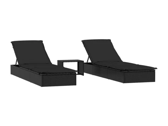 Transats 2 pcs avec table noir résine tressée