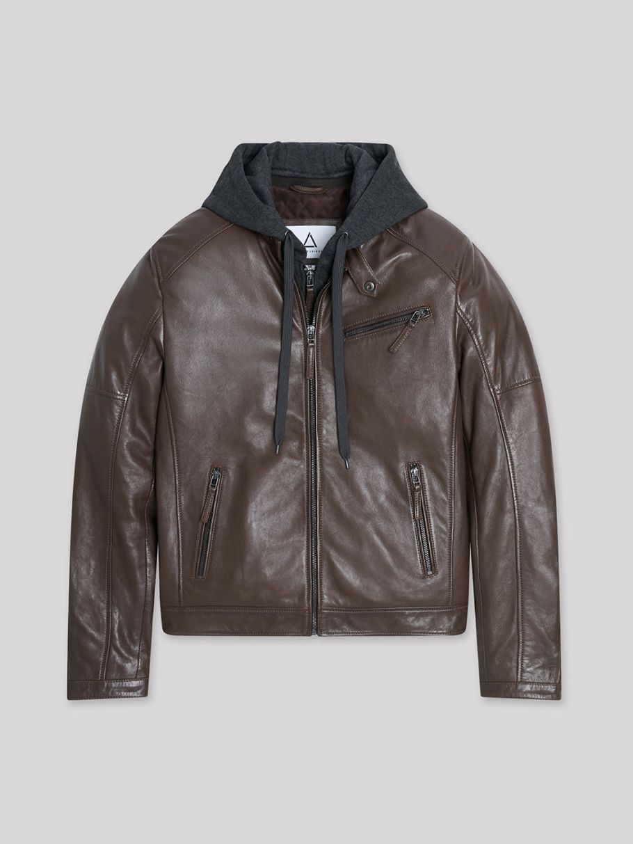 Blouson en cuir à capuche