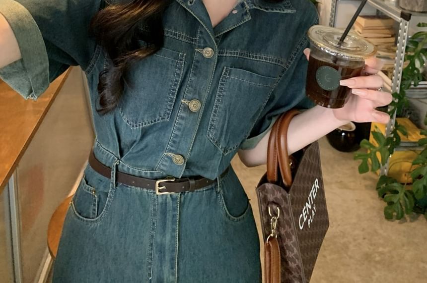 Secolo - Set: Midi-jurk met kraag, halfgeknoopt denim, elleboogmouwen en riem