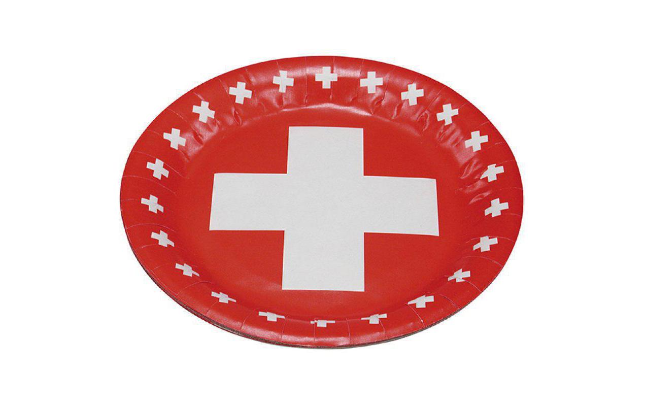 Einwegteller Schweizerkreuz 23 cm, 8 Stück, Rot/Weiss1. August Pappteller mit Schweizer Kreuz