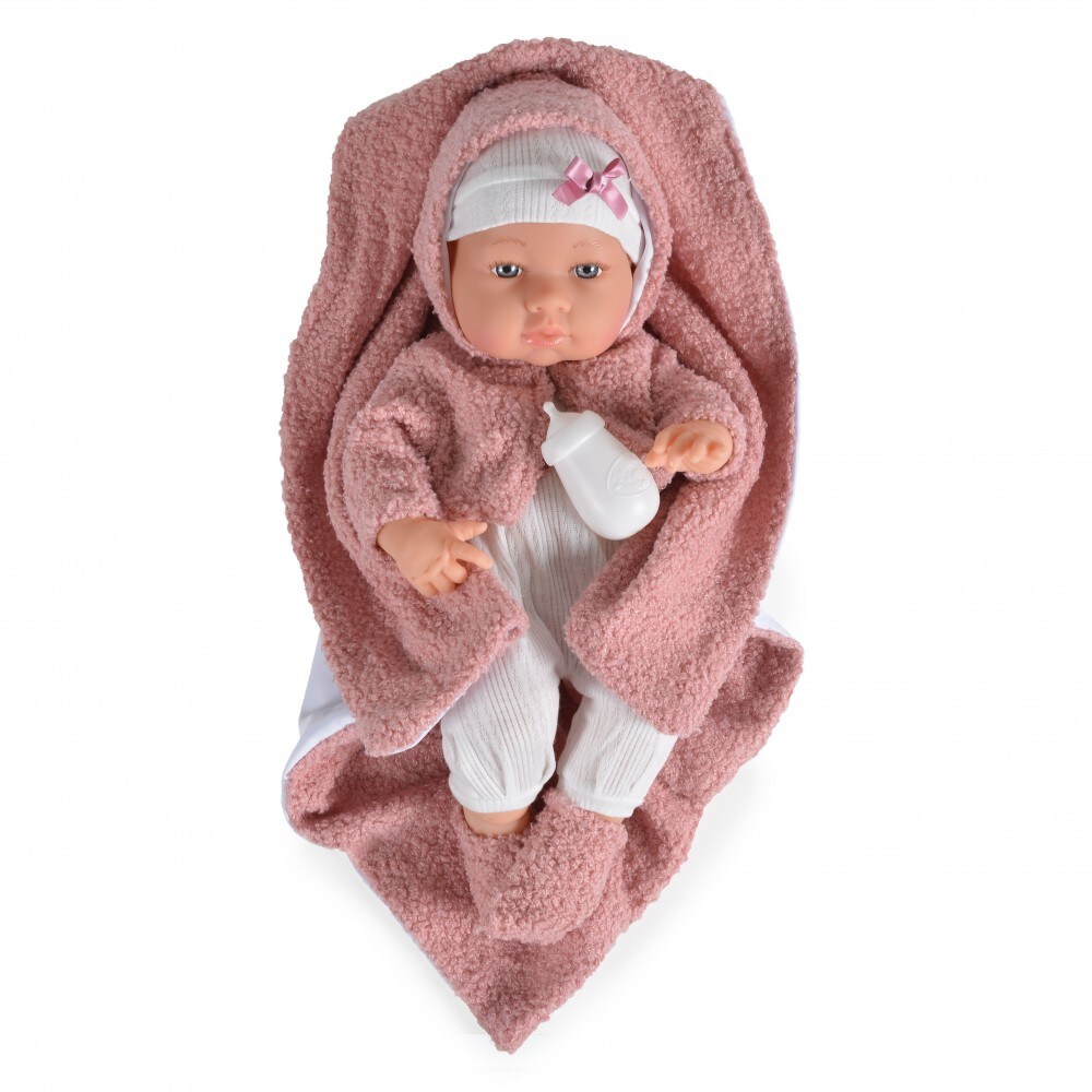 Moni Kinderpuppe 41 cm 9300, Jäckchen, Trinkflasche, Kuscheldecke, ab 3 Jahren rosa