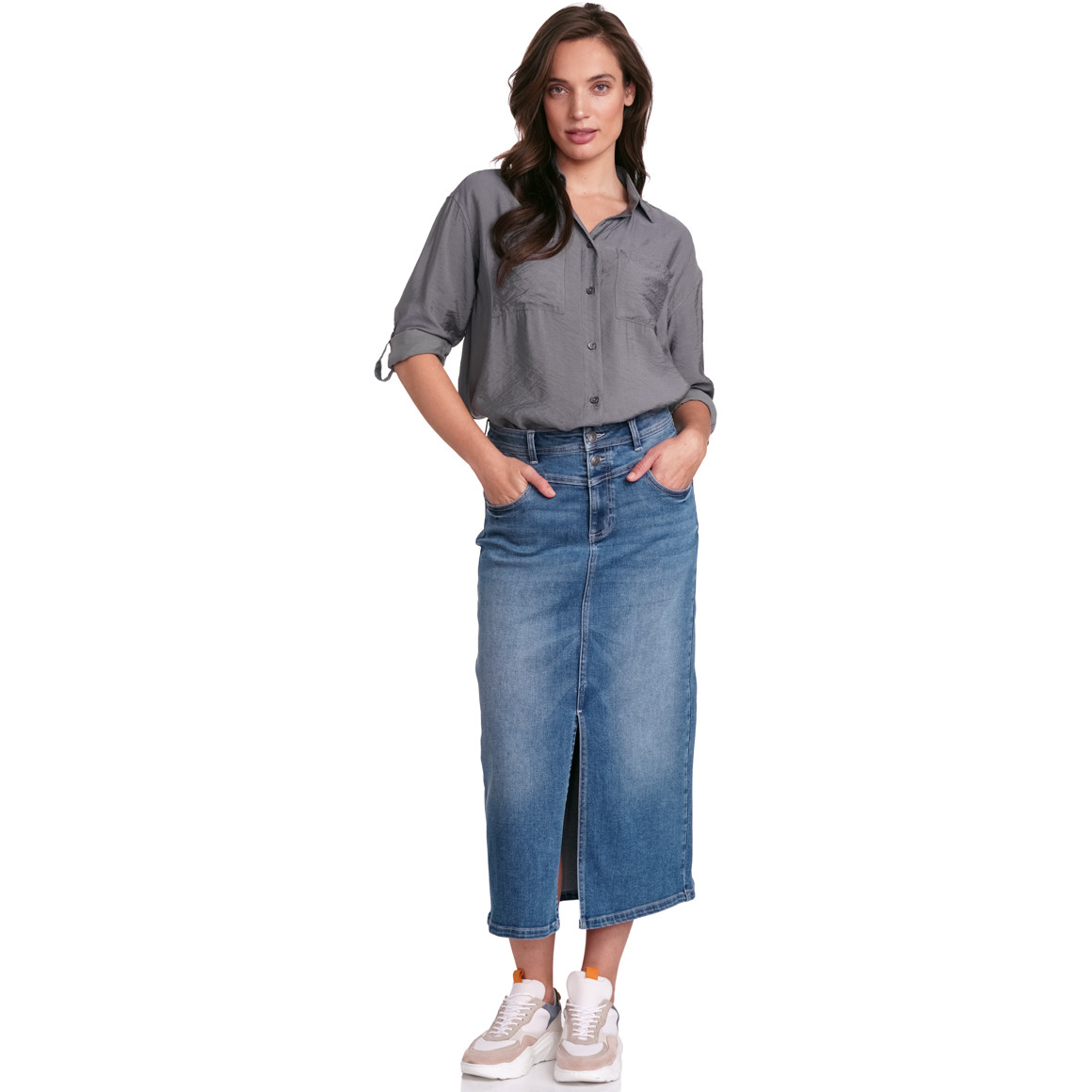 Gina Collection Damen Longbluse mit Kentkragen dunkelgrau