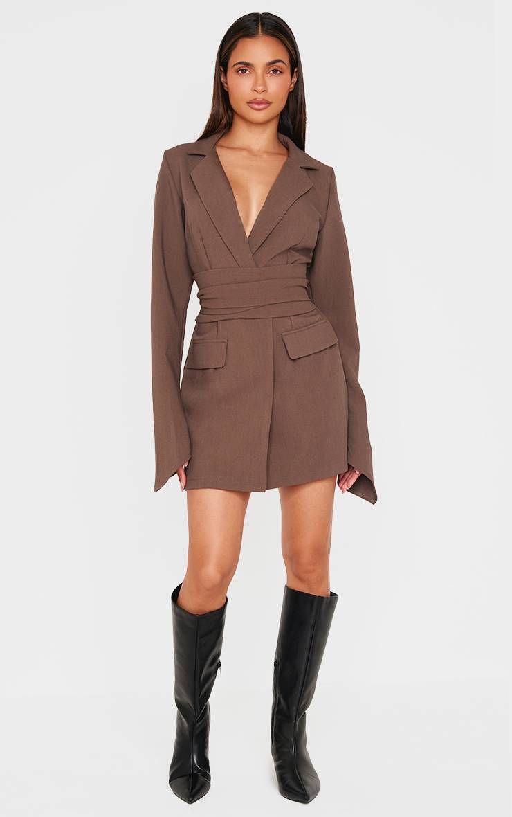 Chocolat Robe Blazer Ceinturée Portefeuille En Tissu Tissé