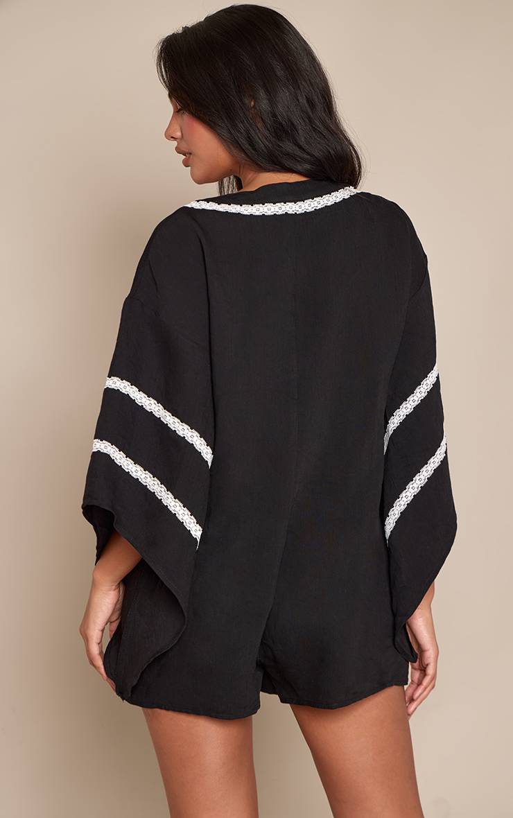 Noir Combi-short Fluide Effet Lin À Nœud Devant