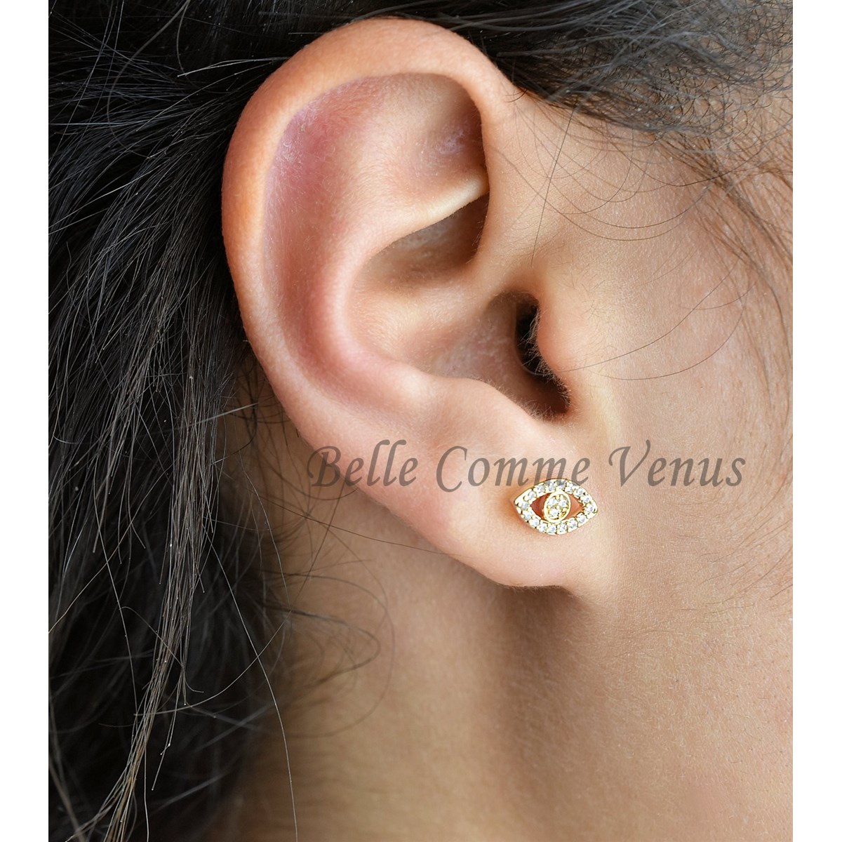 Boucles d'oreilles oeil symbole serti d'oxyde de zirconium Plaqué or 750 3 microns