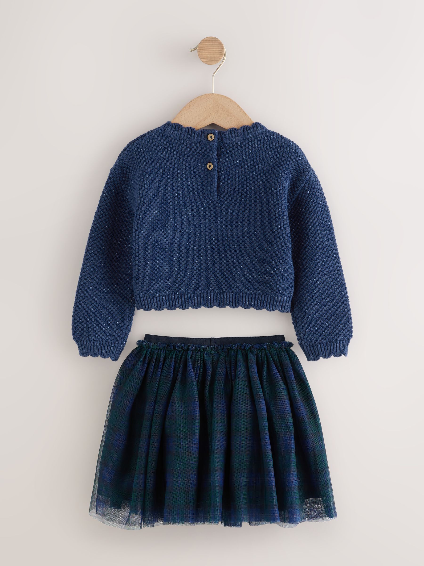 Marineblauw - Set van gebreide trui met strik en geruite rok (3mnd-10jr)