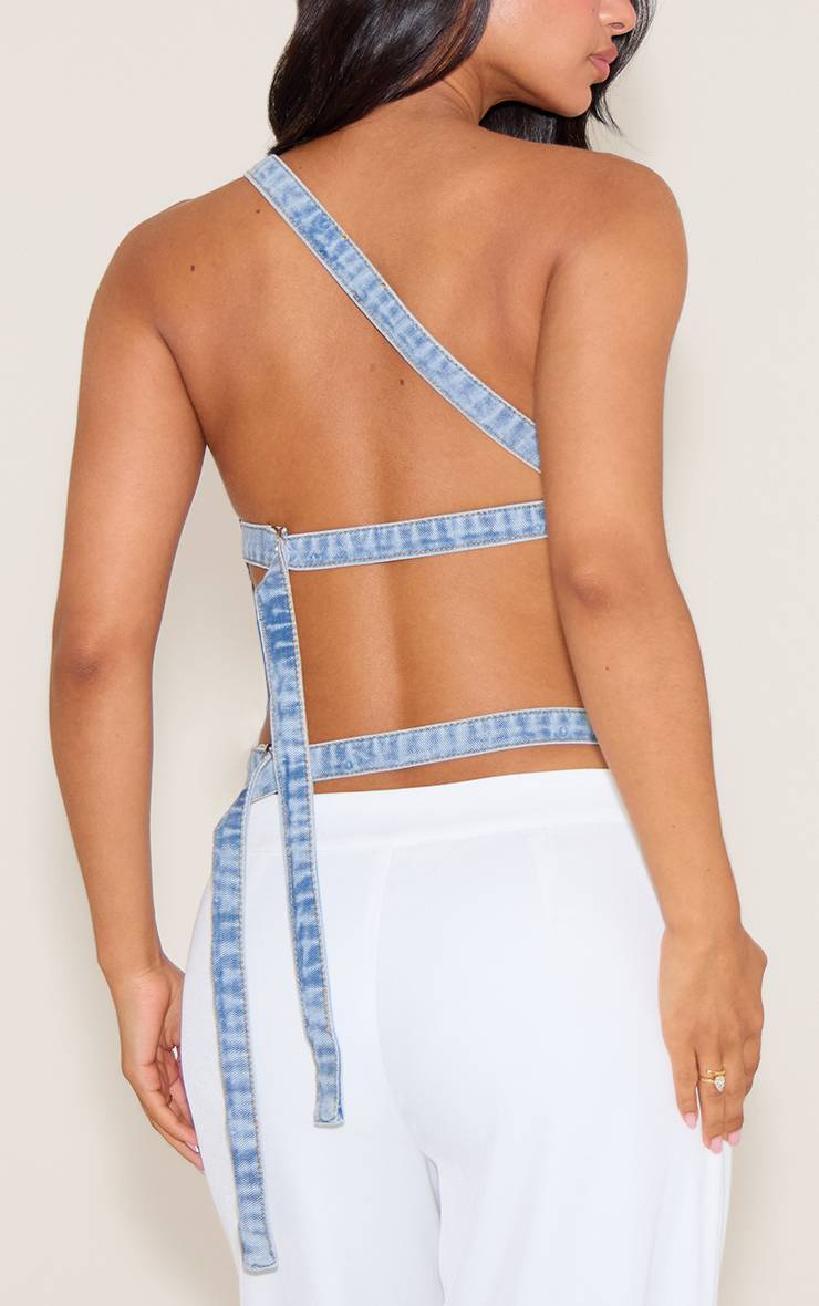 Light Blue Wash Haut En Denim Petite Asymétrique Dos Ouvert