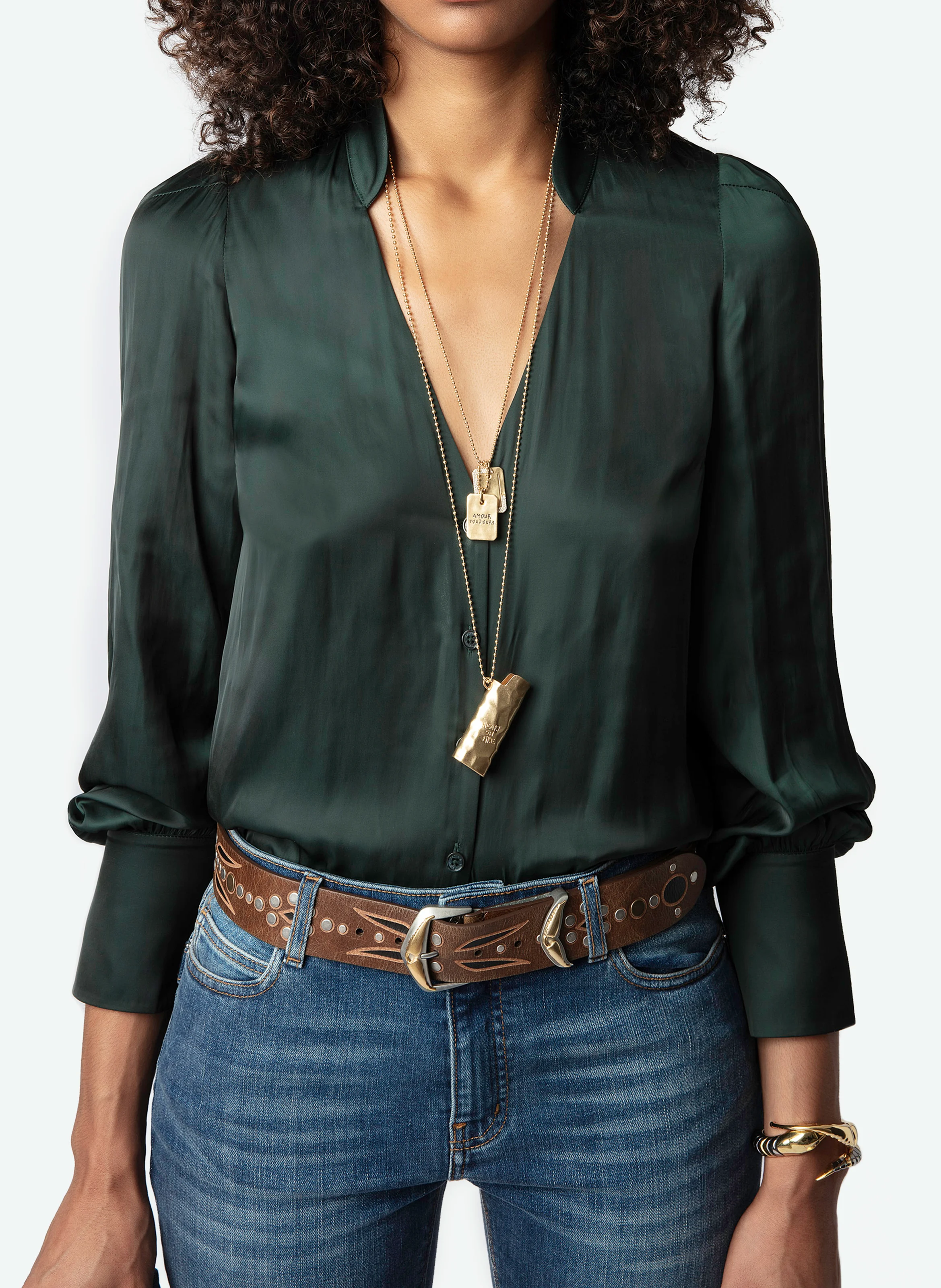 TINOUS - Chemise col V droite en satin | Vert
