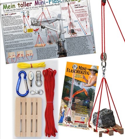 Corvus A750260 - Mini katrol met touw en karabijnhaak. Kleine katrol met mini houten pallet.
