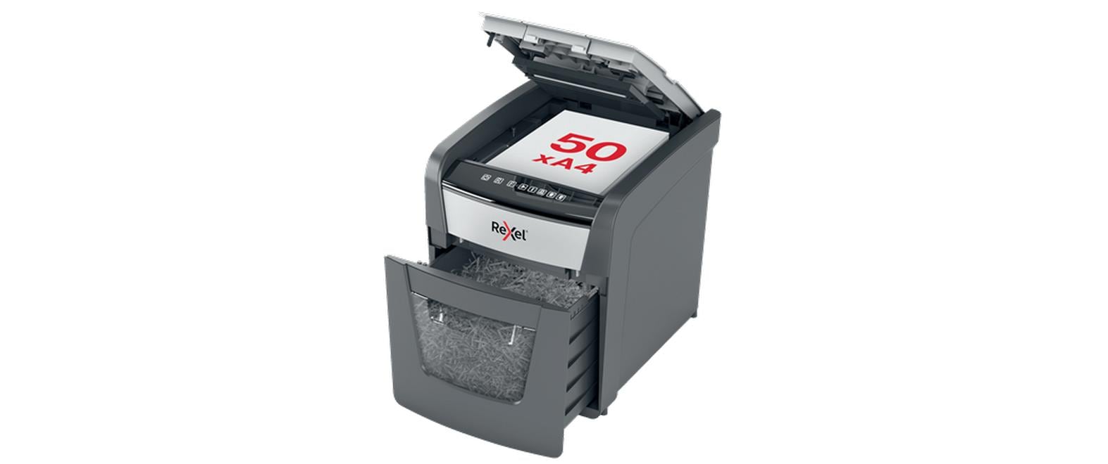 Aktenvernichter Rexel Optimum AutoFeed+ 50X, Partikelschnitt<br>Automatischer Schredder (auto) für sichere Vernichtung vertraulicher Unterlagen (bis zu 50 Blatt)