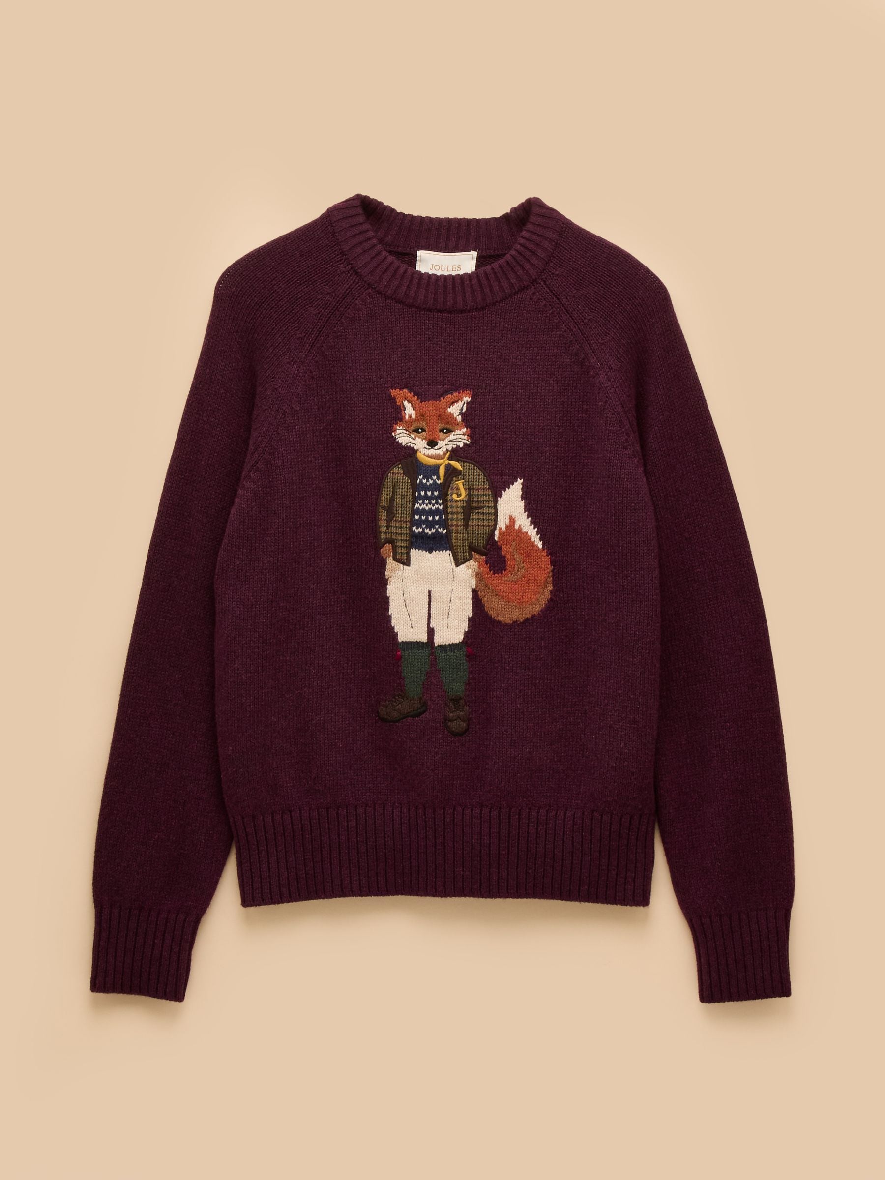 Burgundy Jonty Fox - Joules Intarsia Cotton-Rich Crew Neck Jumper