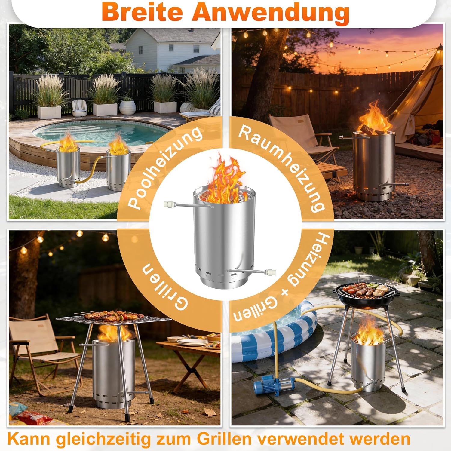 Edelstahl Feuertonne Poolheizung mit Heizspirale, Ø32/38mm Anschlüsse Brennholz Pool Heizung, inkl. Feuerfeste Matte & Restasche Auffangwanne, Outdoor Poolofen für Schwimmbäder, Silber B, 1 Stück