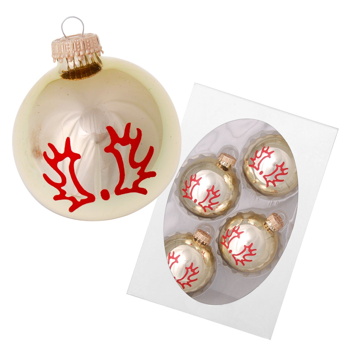 Gouden kerstballen met gewei, 7 cm (4 stuks), 4 stuks, Kerstboomballen, Kerstboomversieringen, Kerstboomornamenten