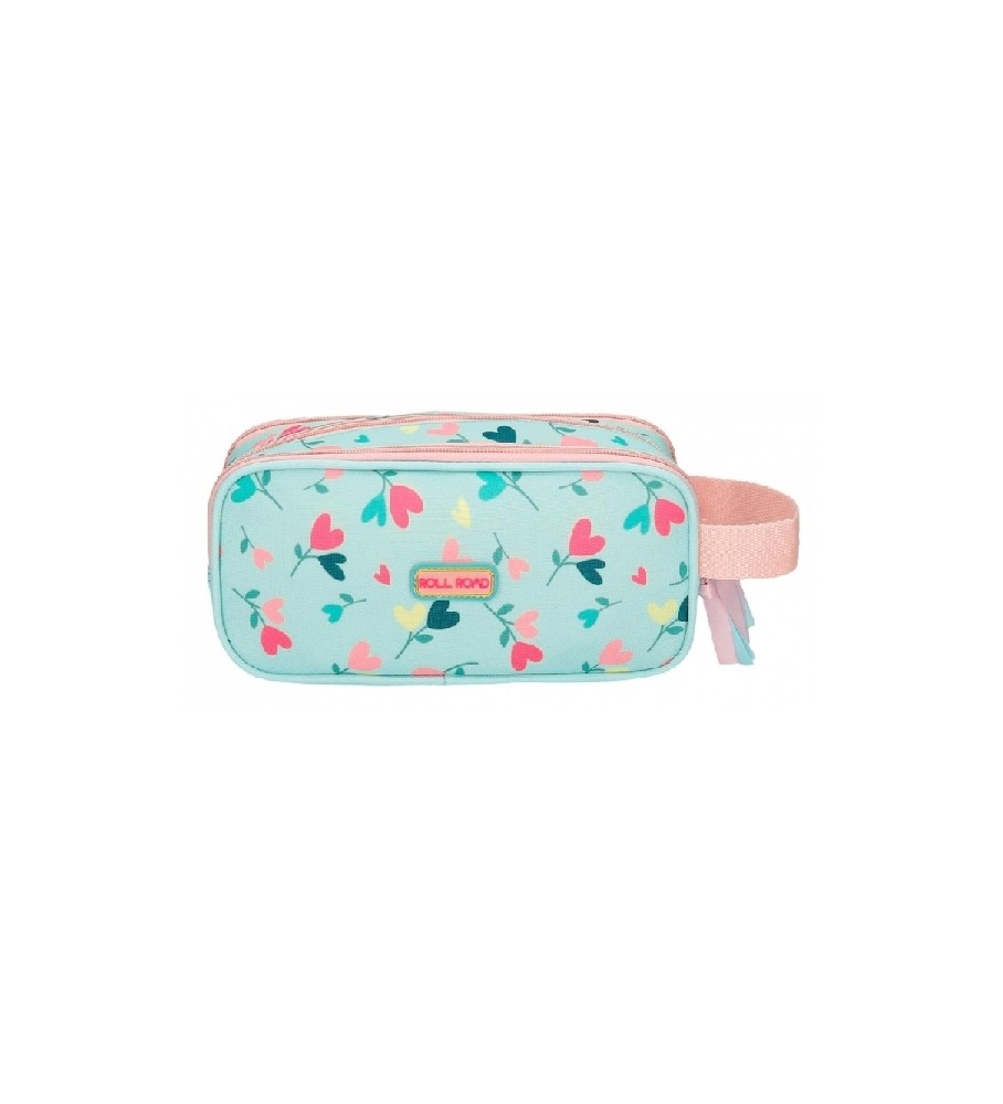 Estojo Roll Road Queen of Hearts, três compartimentos, turquesa, rosa
