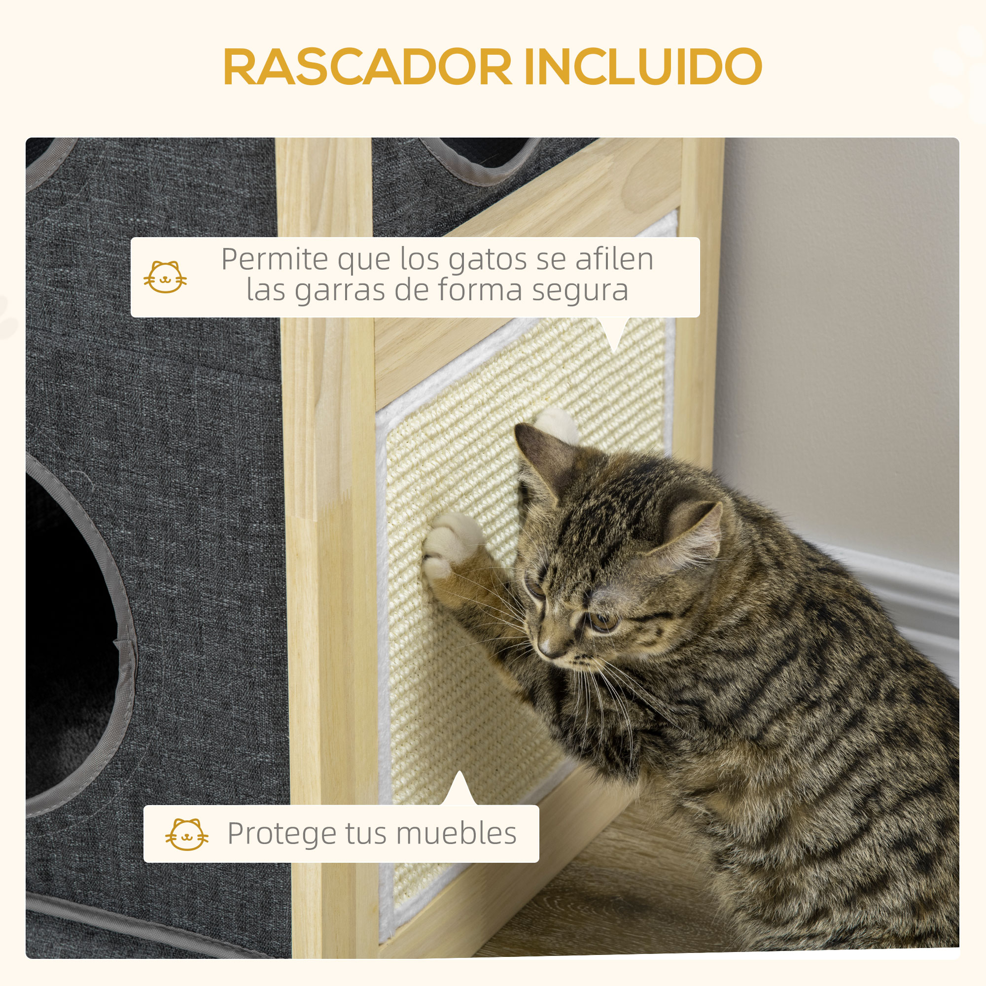Casinha de madeira Pawhut para gatos, em formato de barril, com arranhador, 2 almofadas removíveis e laváveis, em sisal, 40x40x70 cm, cinza.