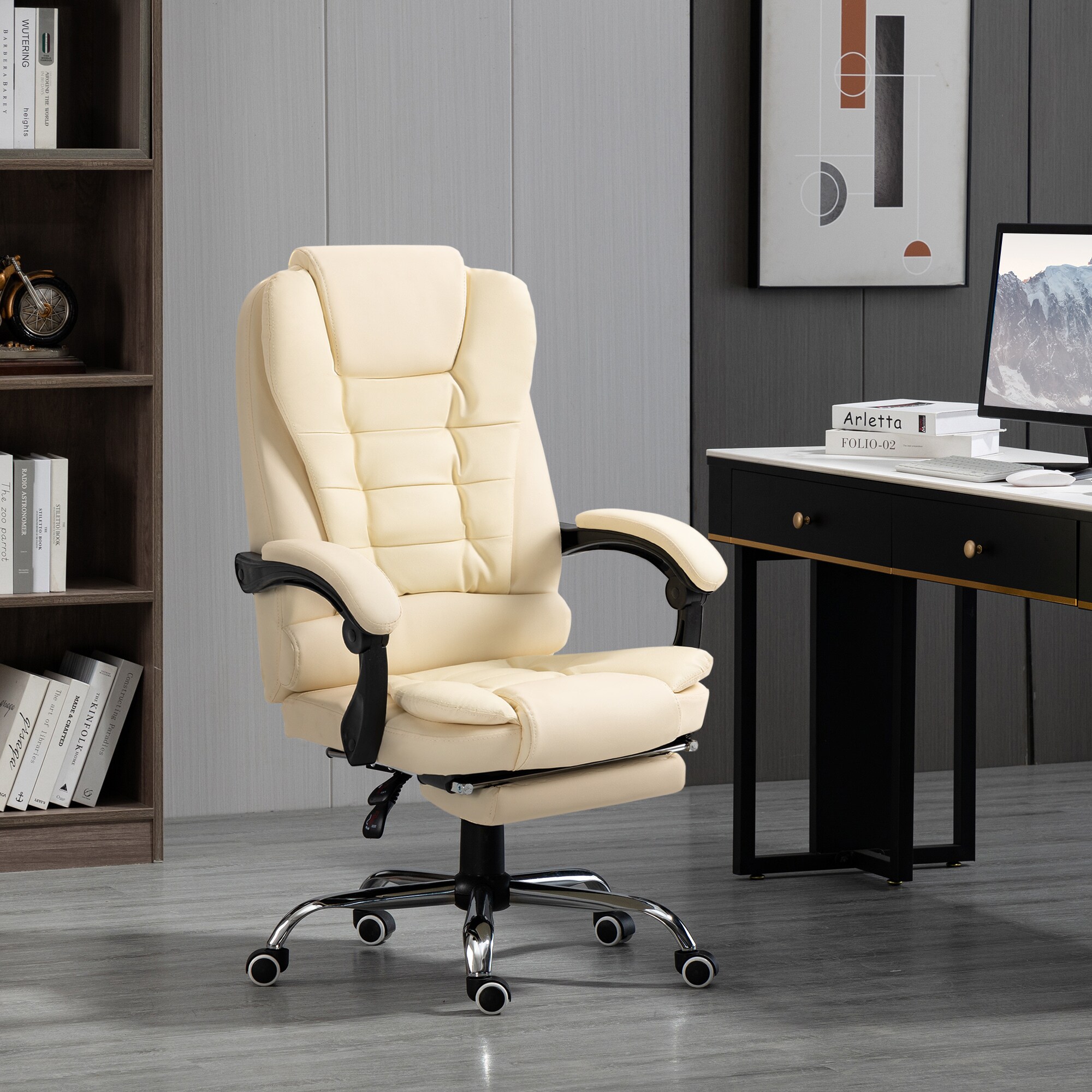 HOMCOM Bürostuhl mit Fußstütze und gepolsterter Armlehnen weiß 64,5L x 69B x 109-117H cm