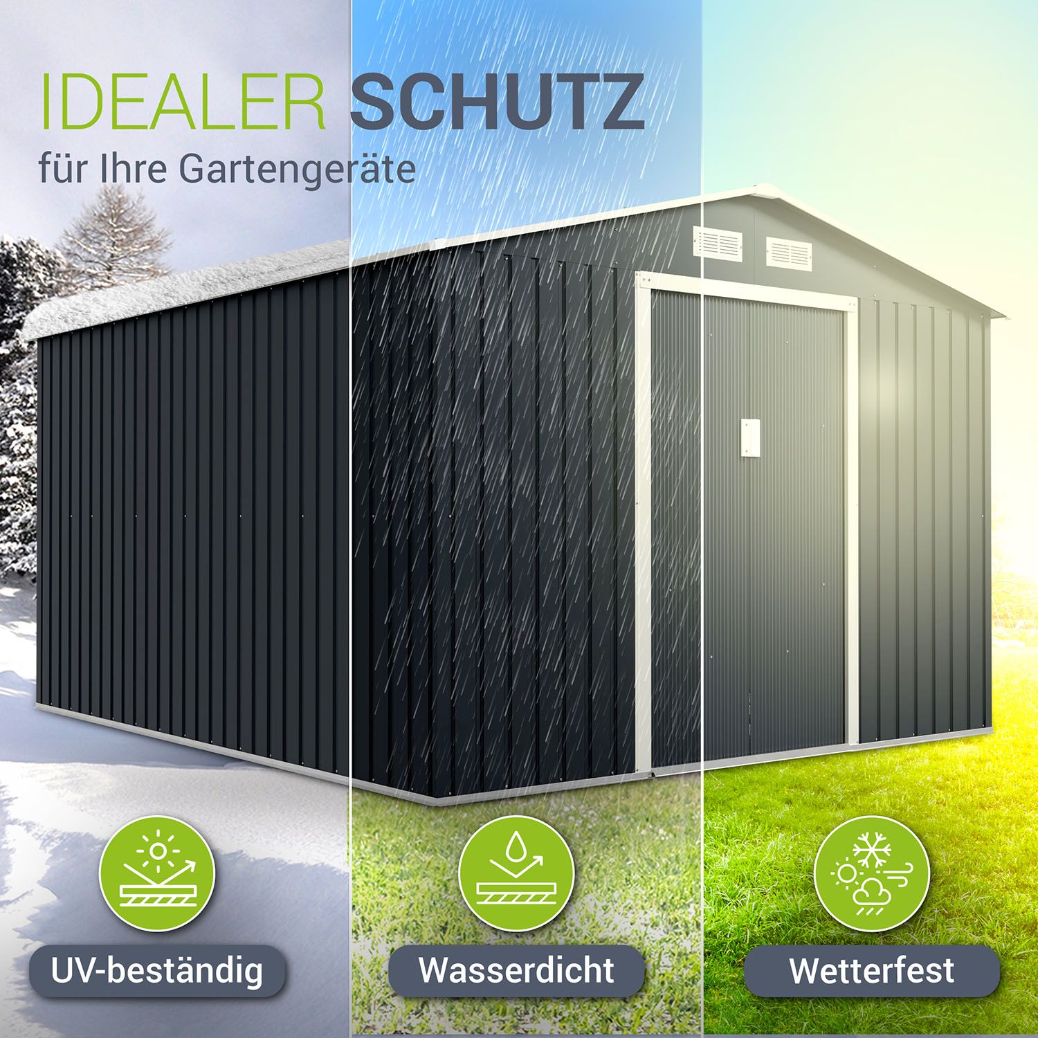 Juskys Metall Gerätehaus Geräteschuppen XXL mit Satteldach, Schiebetür & Fundament 15m³ anthrazit