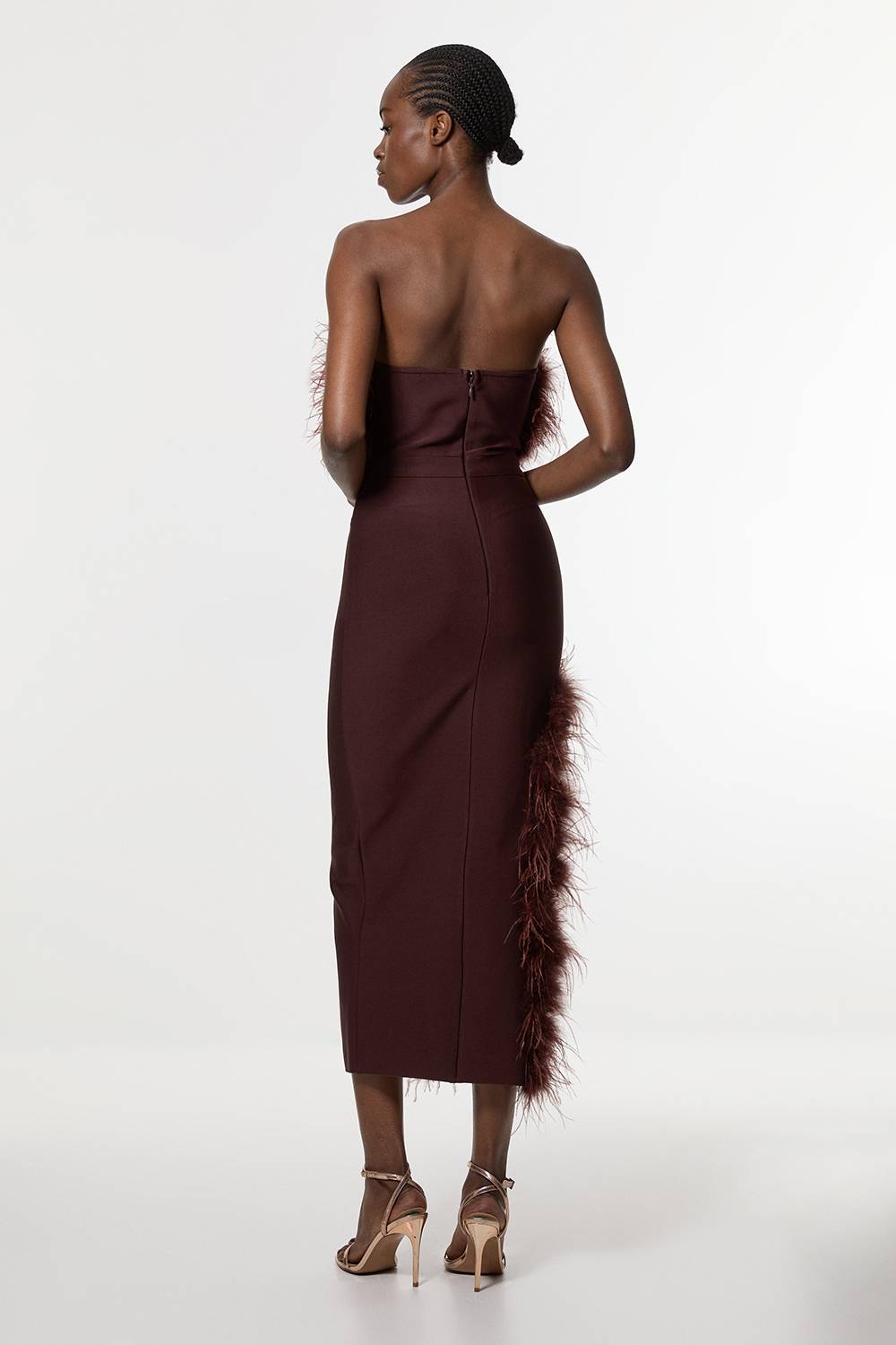 KarenMillen Robe Midi Moulante Bandeau en Maille Bandage avec Détails de Plumes