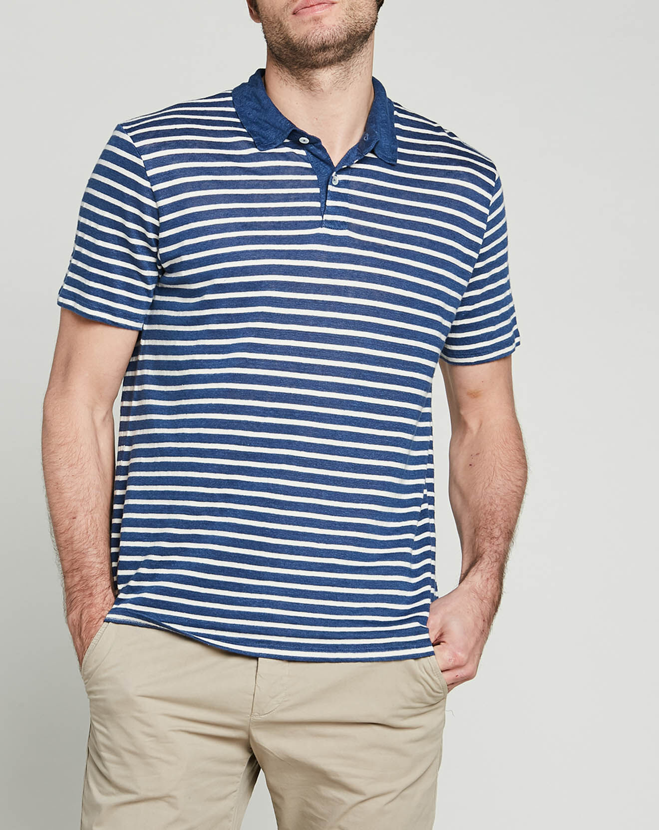 Hartford Polo en Lin & Coton Stripe bleu foncé/écru