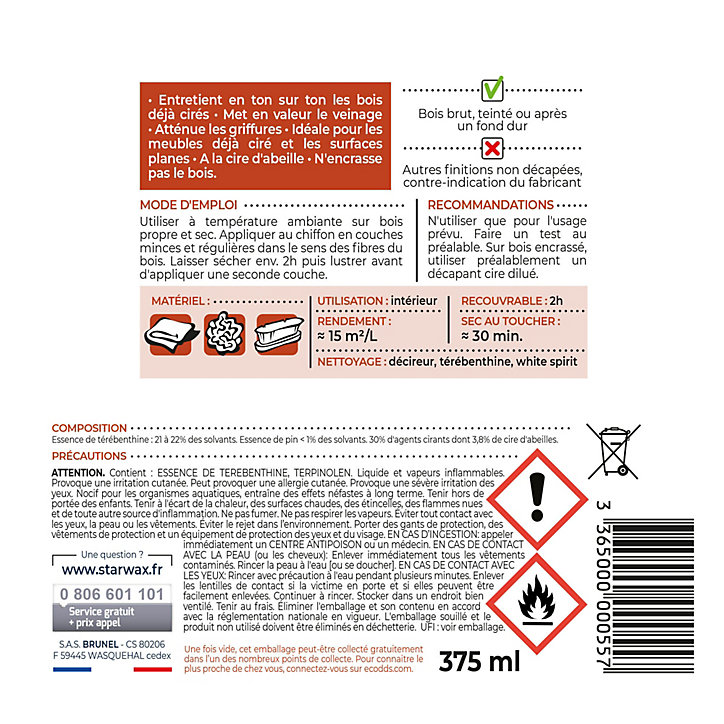 Cire antiquaire pâte bois ciré chêne clair Starwax 375ml