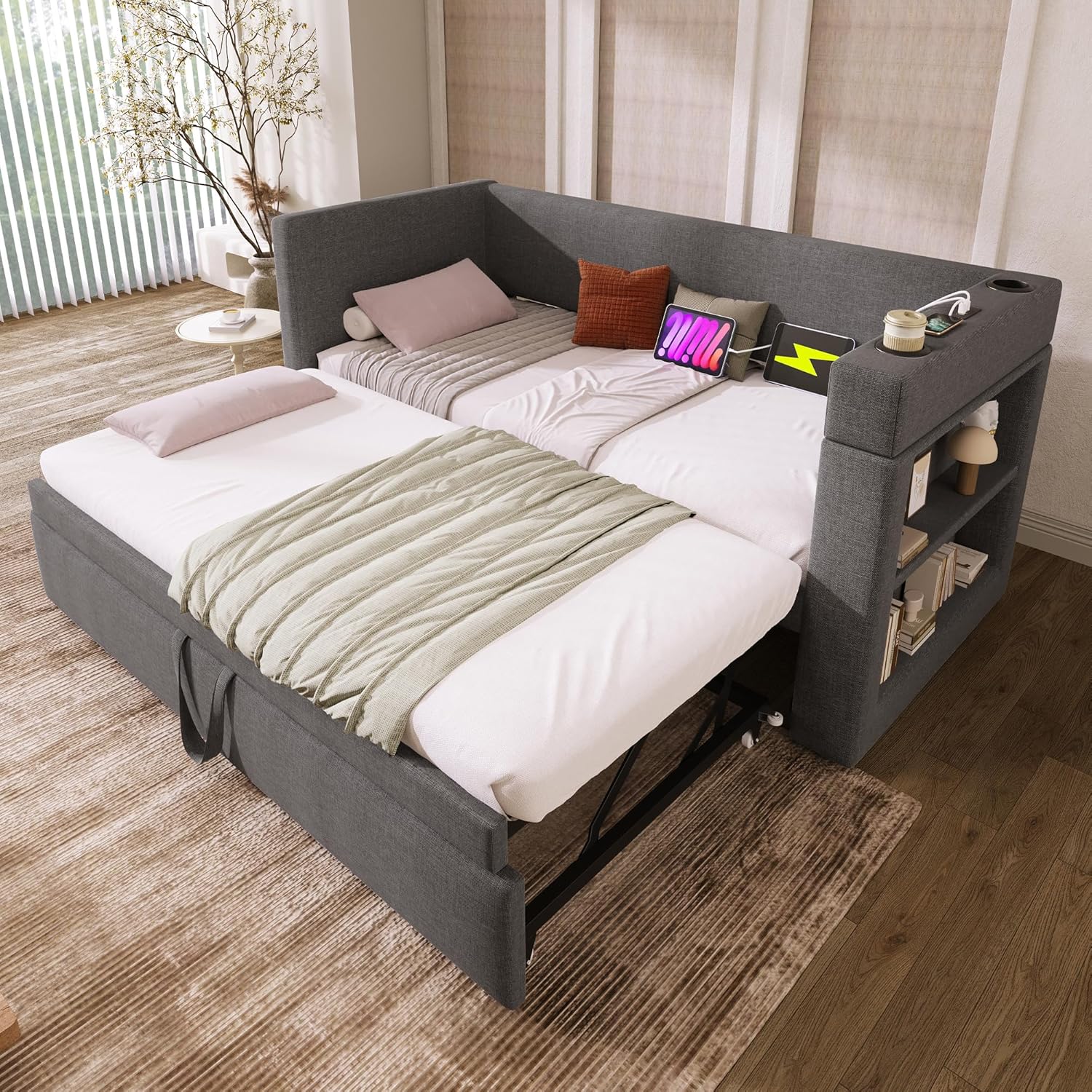 Merax Polsterbett Ausziehbares Schlafsofa 90/180x190 cm mit Lattenrosten, Daybett mit Ausziehbett, Armlehnen mit USB & Type-C Ladeanschluss und Getränkehalter, Leinen, Grau (ohne Matratze)