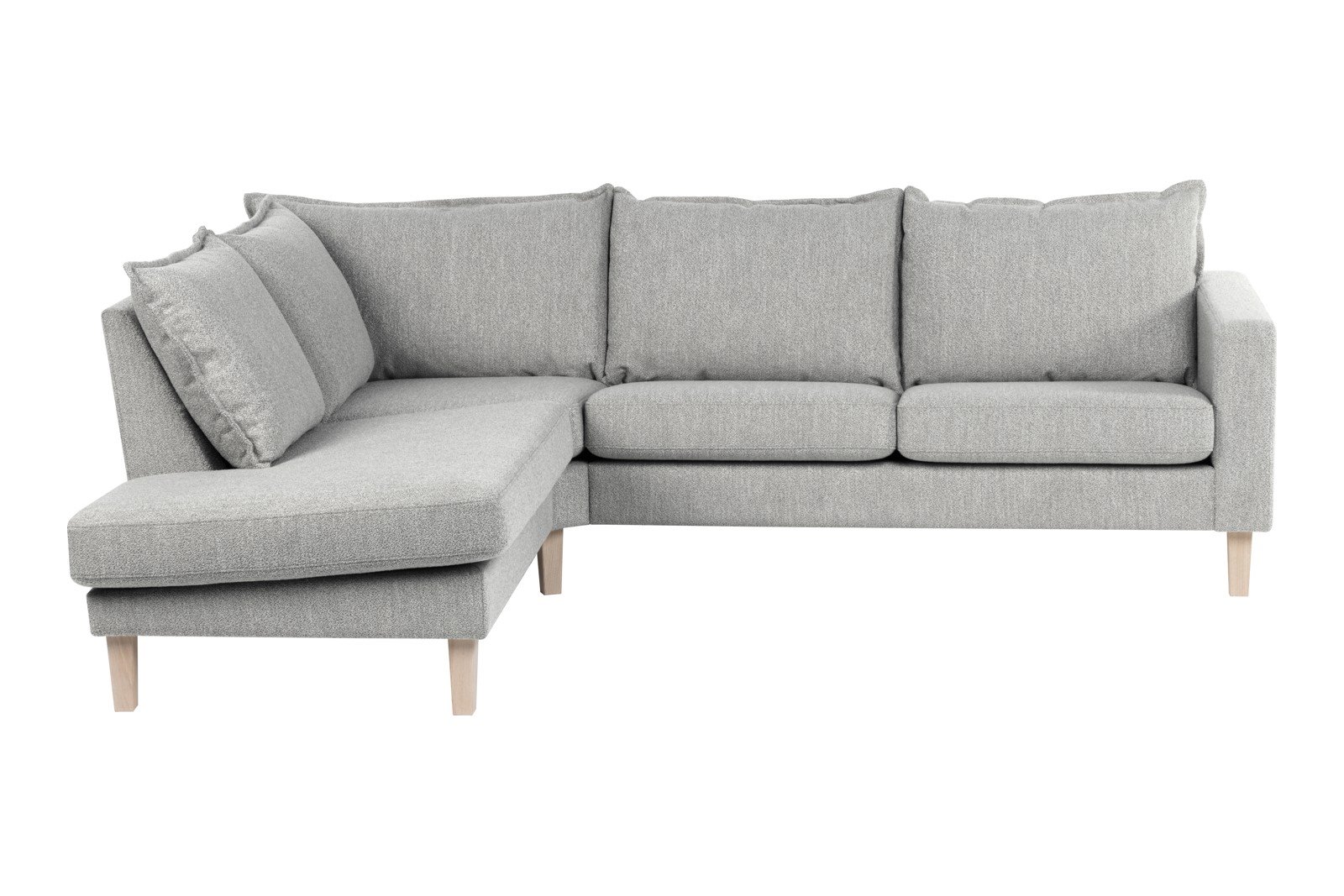 Slogen hjørnesofa Oppsett AV. 2,5-seter med åpen ende venstre. Tekstil Viva Silver med soft ryggpute. Vange B og hvitpigmentert ben 178.
