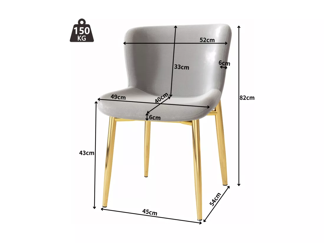 Lot de 4 chaises en velours et pieds en métal galvanisées, charge max 150kg, 54x45x82cm, Gris