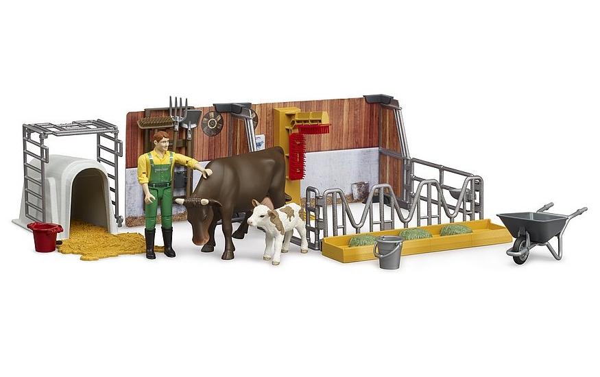 Kuh- und Kälberstall mit LandwirtBauernhof-Spielset mit beweglichen Figuren, Tieren und Zubehör