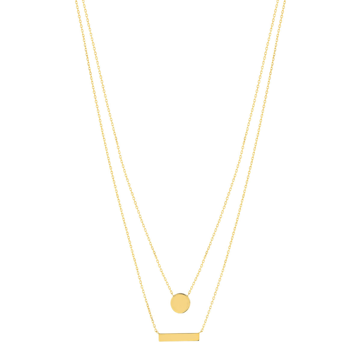 Collier plaqué or double rang médailles ronde et rectangle 45 cm