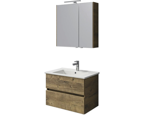 Pelipal Cavallino badkamermeubelset (B x H x D 75 x 200 x 45 cm), frontkleur eiken ribbeck, met witte keramische wastafel, badmeubel en spiegelkast met LED-verlichting