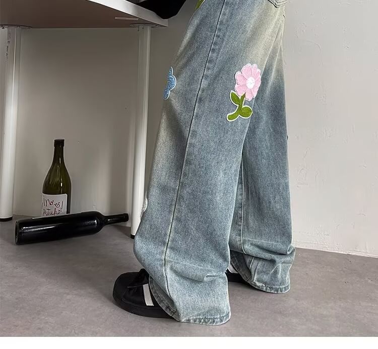 ROOSE - Mid Rise Washed Flower Wide Leg Jeans