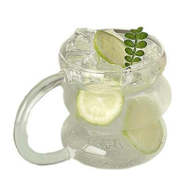 (430ml) Bubble Glas Geripptes Trinkglas Getränke Cup Wellen Becher mit Griff für Iced Coffee / Cocktails / Softgetränke - Transparent