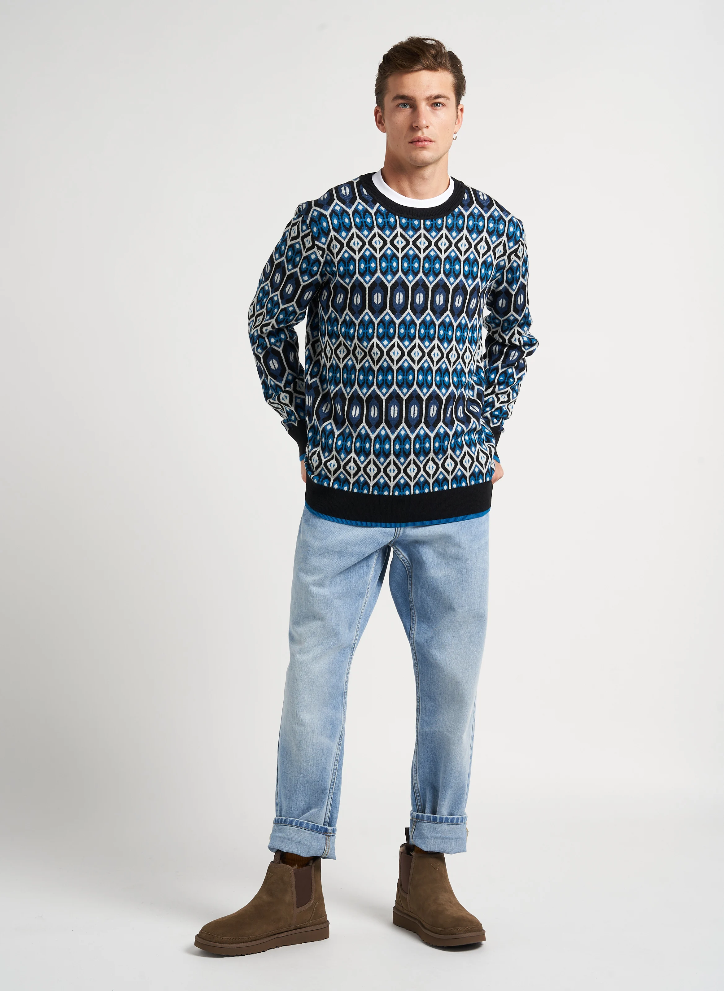 Pull col rond imprimé en laine mélangée | Bleu