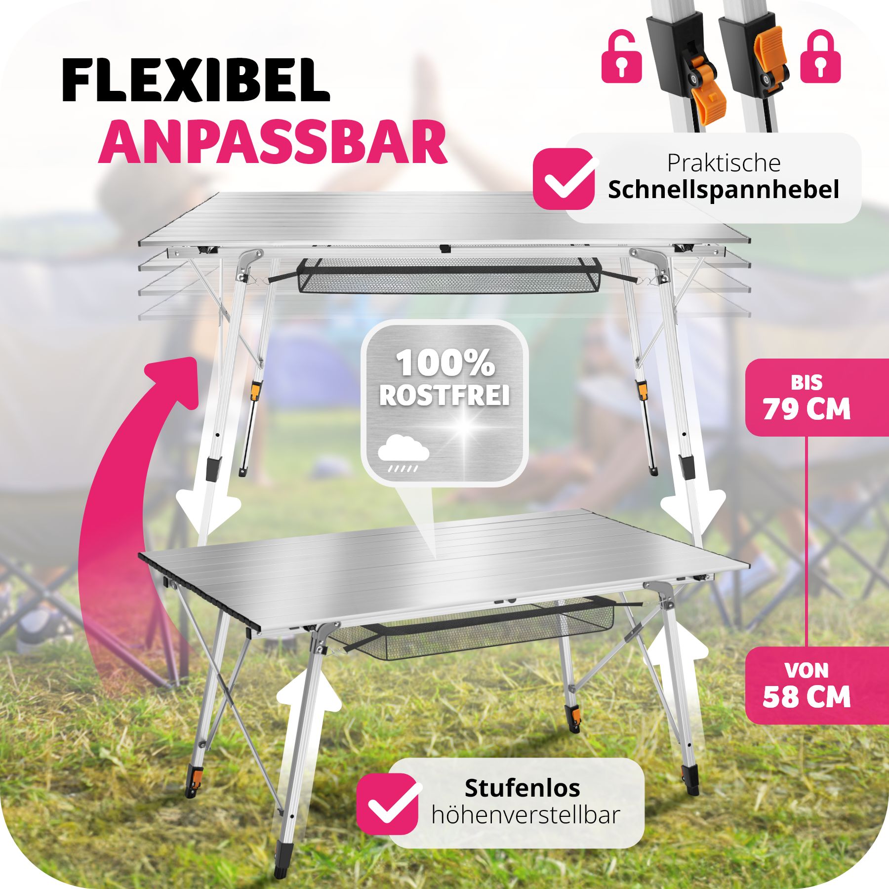 tectake® Campingtisch, faltbar, höhenverstellbar, 120 x 70,5 x 58 – 79 cm