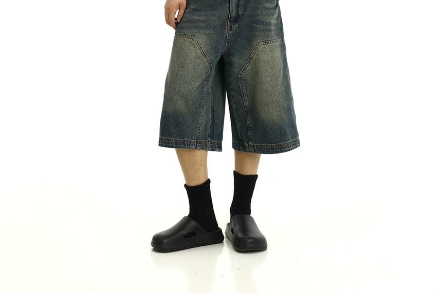 Meiksip - Mid Rise Washed Capri Wide Leg Jeans