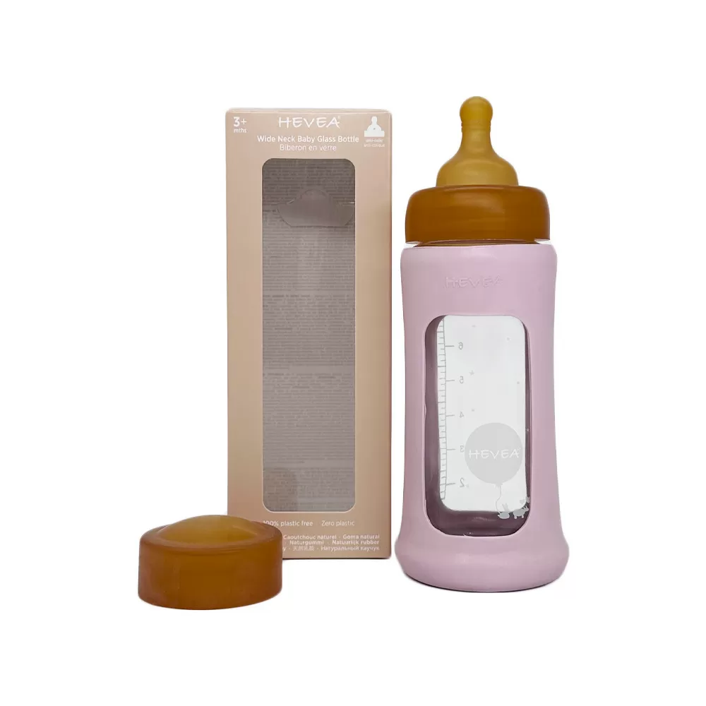 Hevea Glas Sutteflaske Wide Neck med Sleeve 250 ml, Powder Pink - 1 stk.